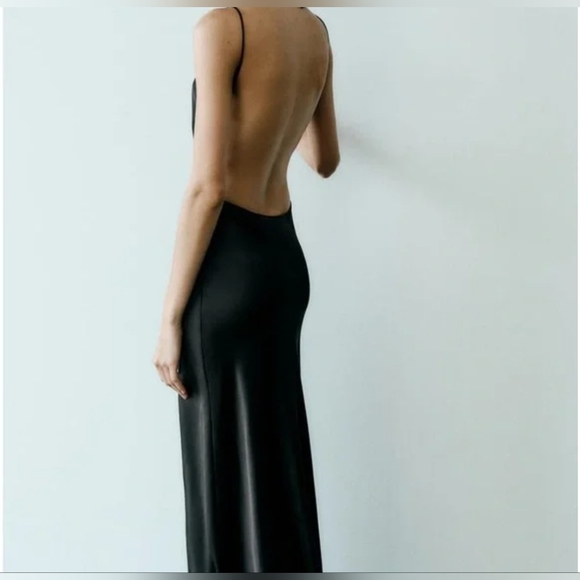 Zara Gray Satin Slip Maxi Dress with Open Back and Spaghetti Straps BNWT - Picture 5 of 13